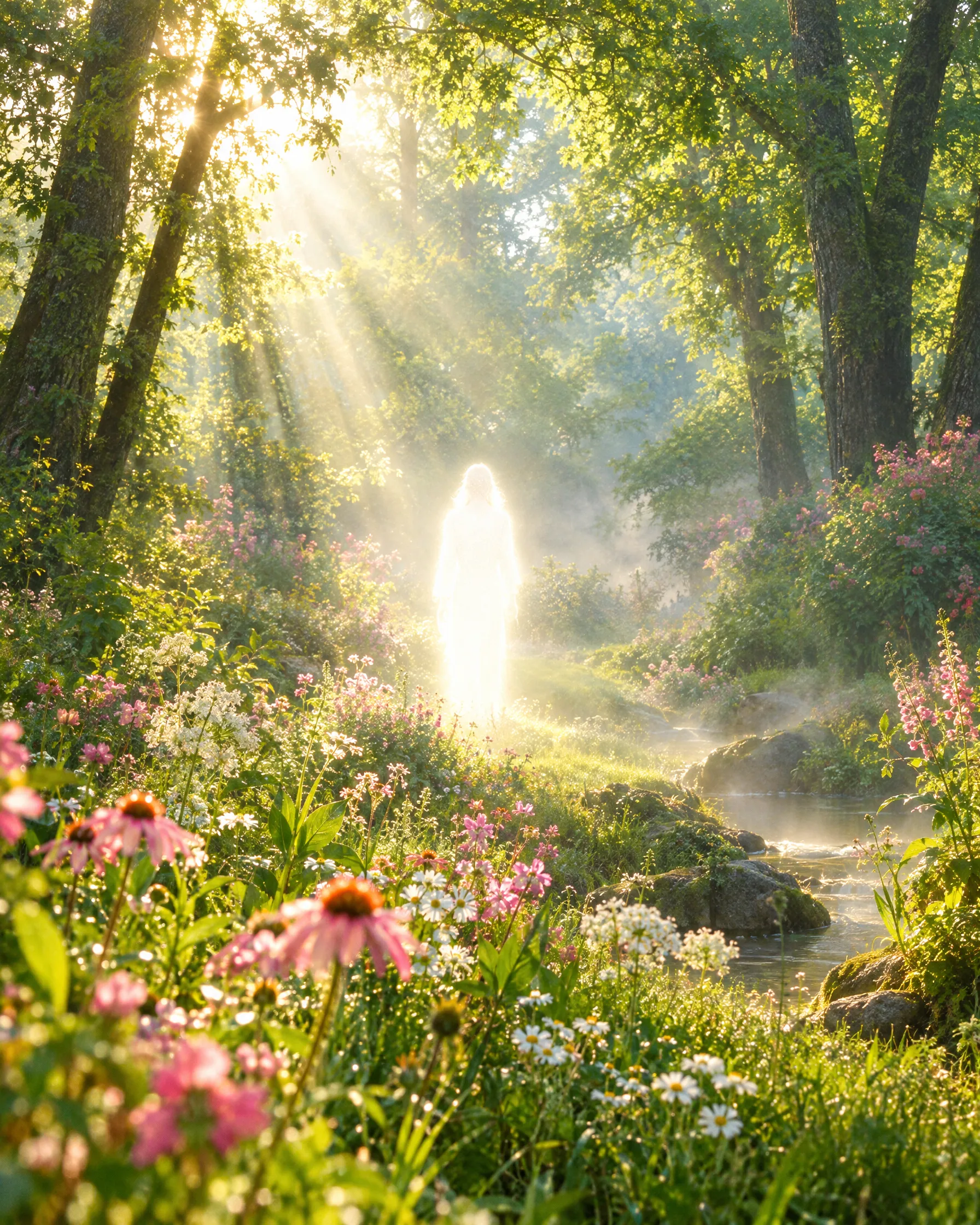 Uma pessoa feita de luz num jardim florido, com raios de sol entre as árvores.